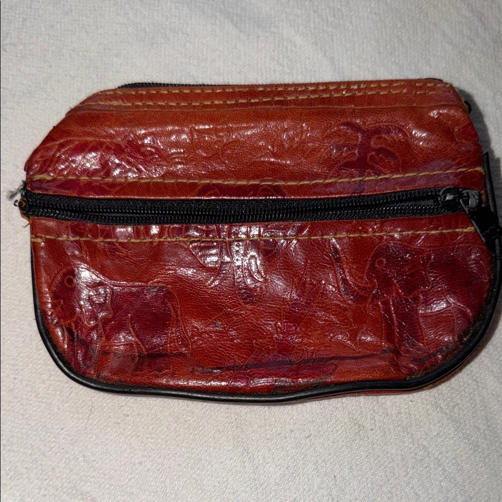 Unbranded Embossed Leather Safari Animal Coin Purse Brown Elephant Giraffe Boho
